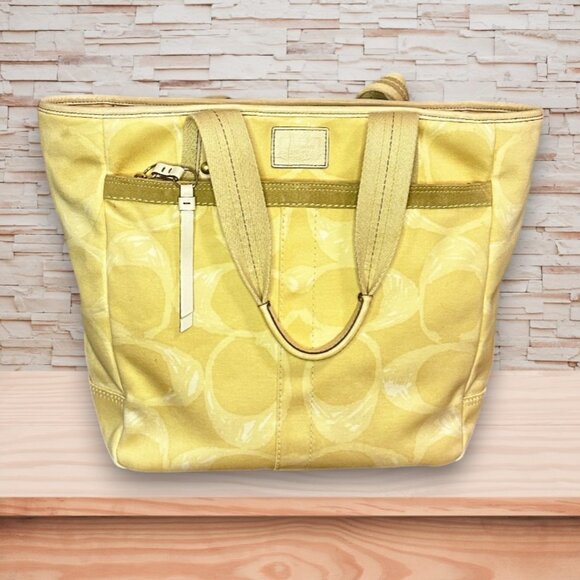 Vintage Coach Hampton Scribble Signature Yellow Cotton Sateen Tote Bag EUC